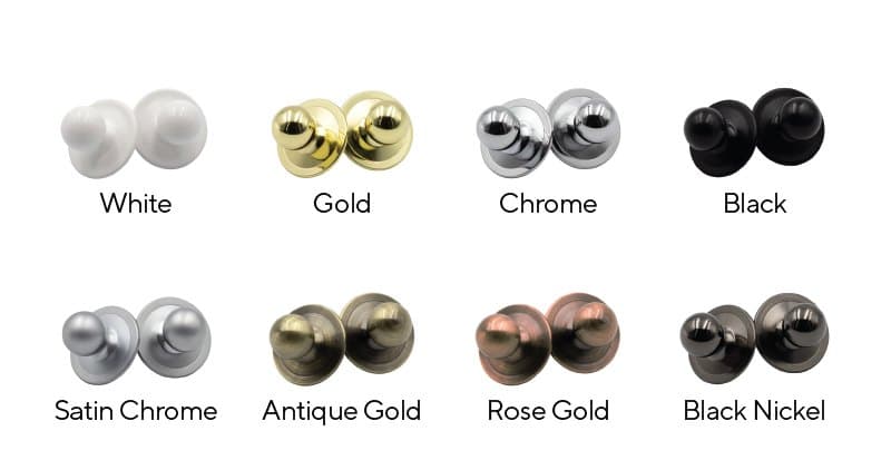 Sash window tilt knobs shown in eight finishes from white and chrome to antique gold and black nickel