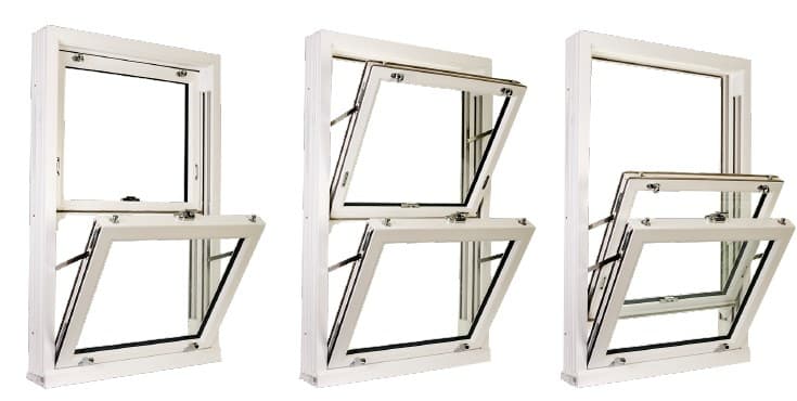 Sliding sash windows with both sashes tilted inward for cleaning from inside the room